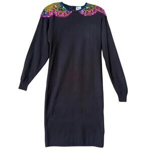 Vintage Darian Black Womens Small Black Sequin Beaded Midi Knit Sweater Dress